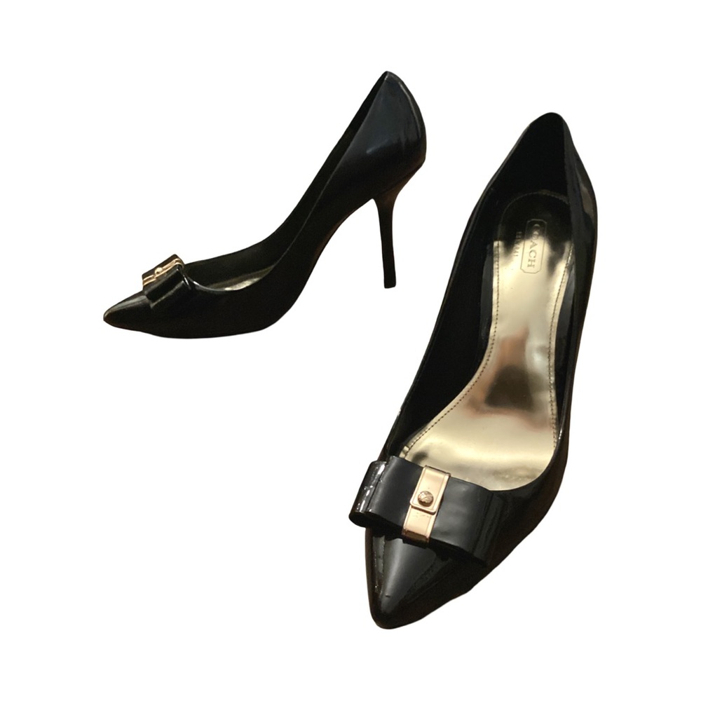 Coach Elegant Patented Black Leather Heels with Bow Accent 9 B